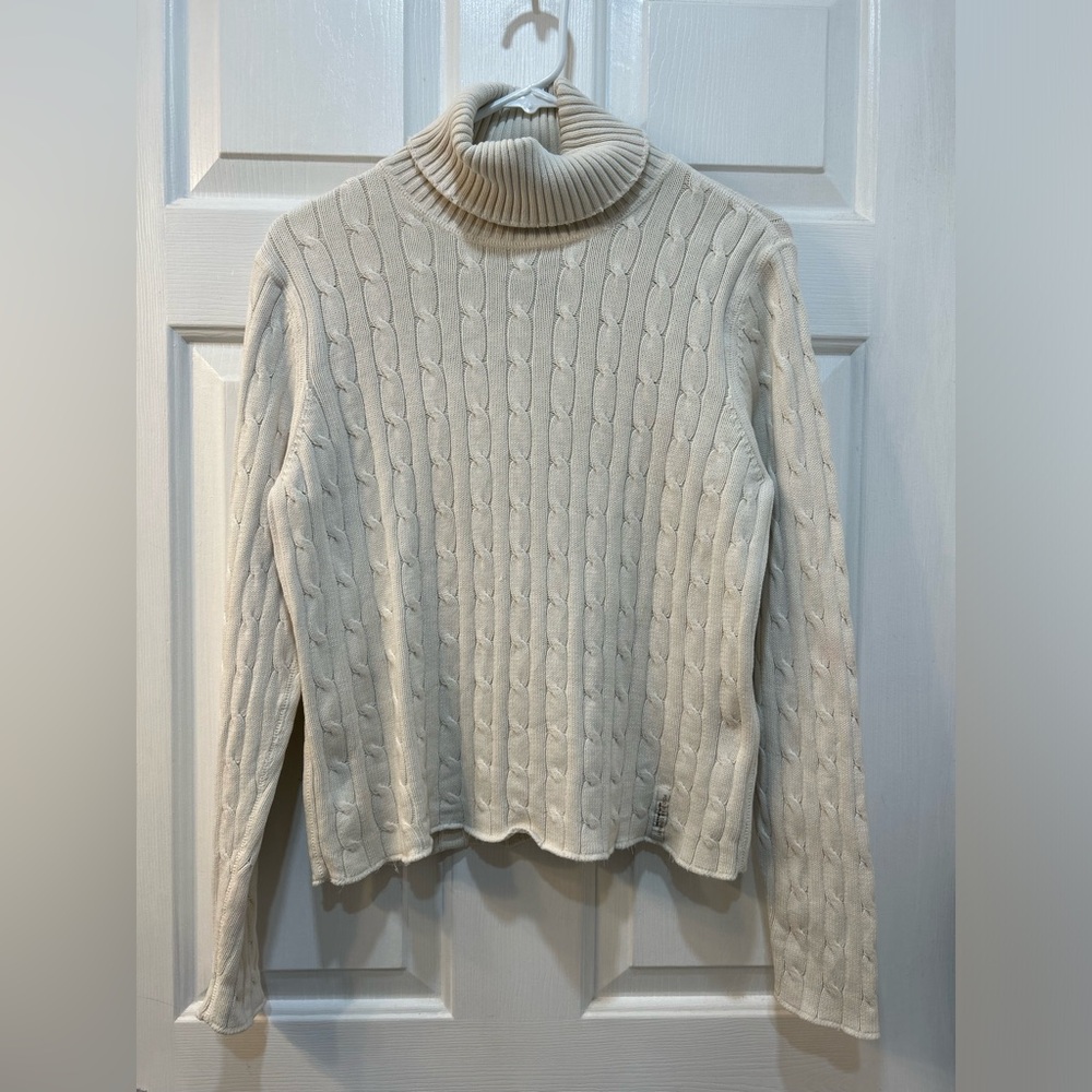 Vintage Polo Ralph Lauren Cream Cable Knit Turtleneck Sweater Women Sz XL Preppy